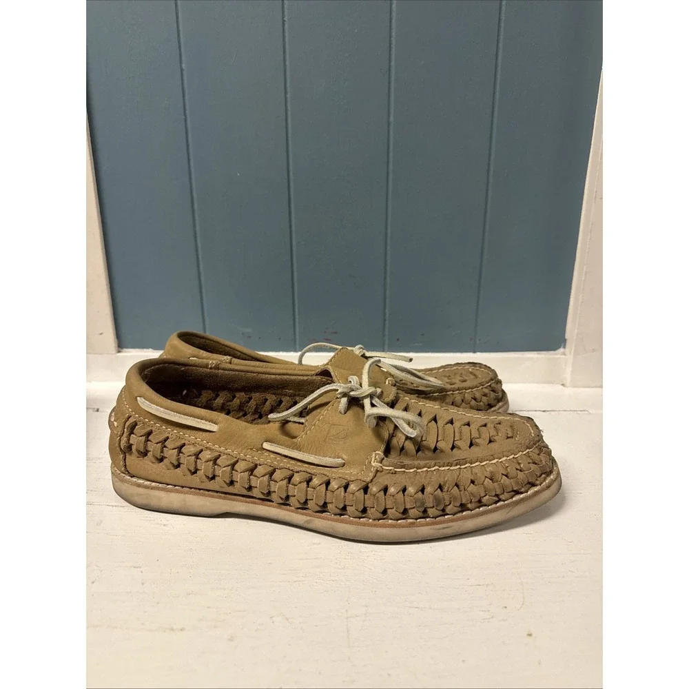 Sperry Tan Leather Sully Woven Boat Shoes‎ Mens Size 8.5